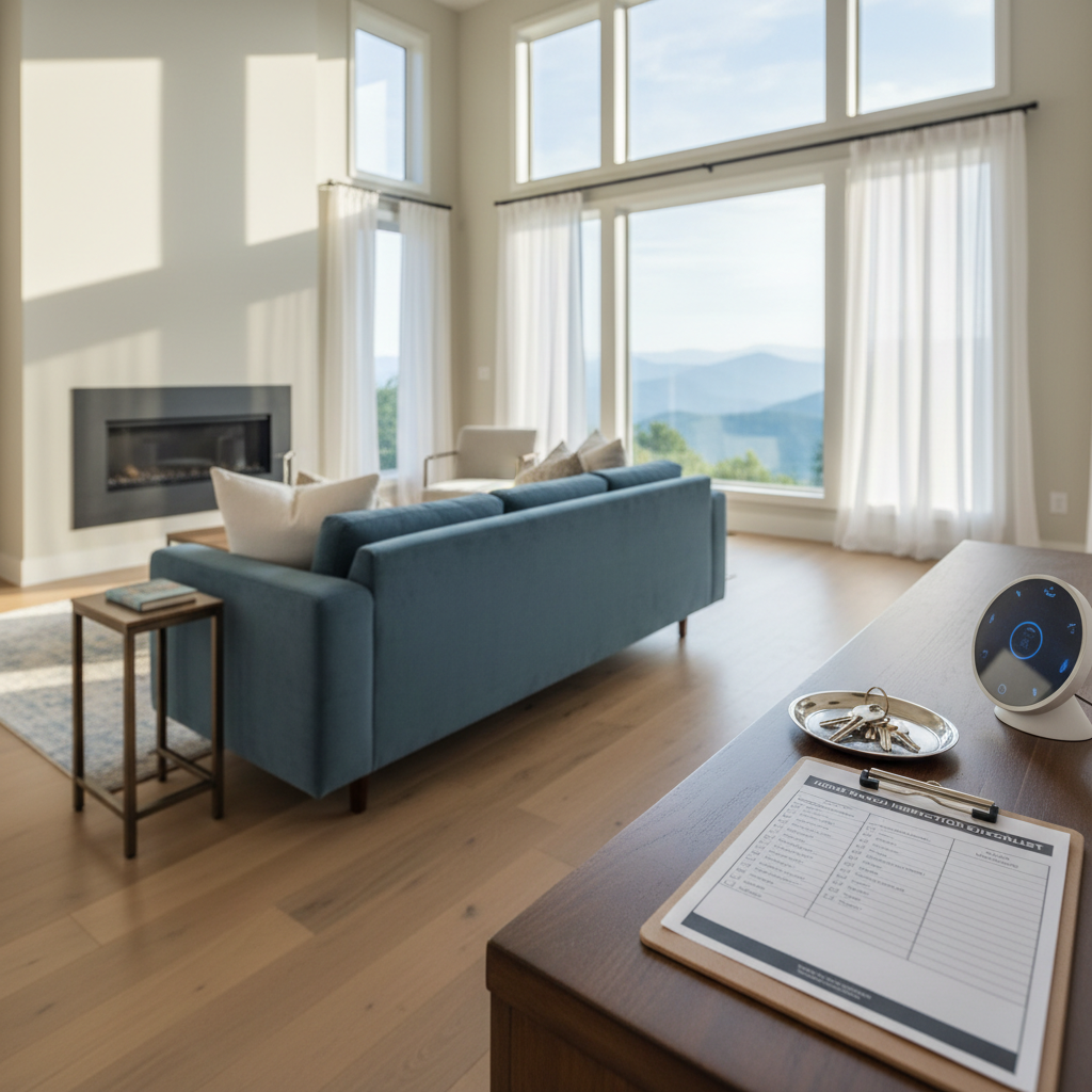 A bright, modern living room interior of an upscale Asheville-area home, captured in photographic realism, with a plush slate-blue sofa, light oak floors, and large windows revealing a hint of Blue Ridge mountain landscape. On a sleek console table near the entry, neatly arranged house keys, a detailed inspection checklist, and a smart home hub display suggest a thorough home watch visit. Soft morning light filters through sheer curtains, creating a calm, reassuring atmosphere with gentle, natural shadows. The camera is positioned at eye level with a wide angle, keeping the room in sharp focus while subtly emphasizing the organized inspection materials in the foreground, conveying reliability, attention to detail, and quiet security.