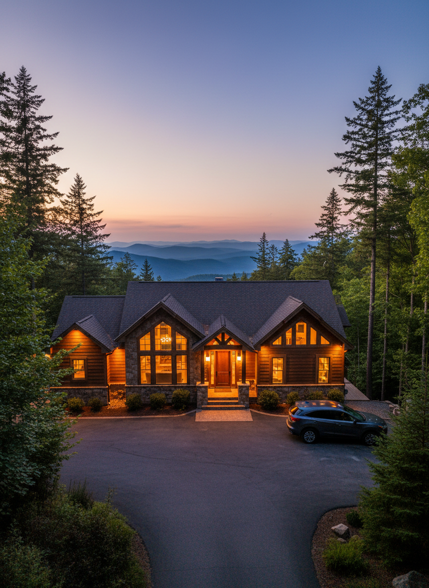 An elegant mountain vacation home viewed from a gently elevated angle at dusk, its windows warmly glowing against the cool blue tones of the surrounding Asheville hills and tall evergreens. The driveway is neatly cleared, exterior lights are tastefully illuminated, and a small, unbranded SUV is parked discreetly to one side, suggesting a home watch and concierge visit. The sky holds the last traces of twilight, casting a soft, tranquil gradient across the scene. Photographic realism with a balanced composition, the house framed in the center and the layered Blue Ridge ridgeline softly fading into the distance, creating a mood of security, welcome, and continuous care even when the owners are away.