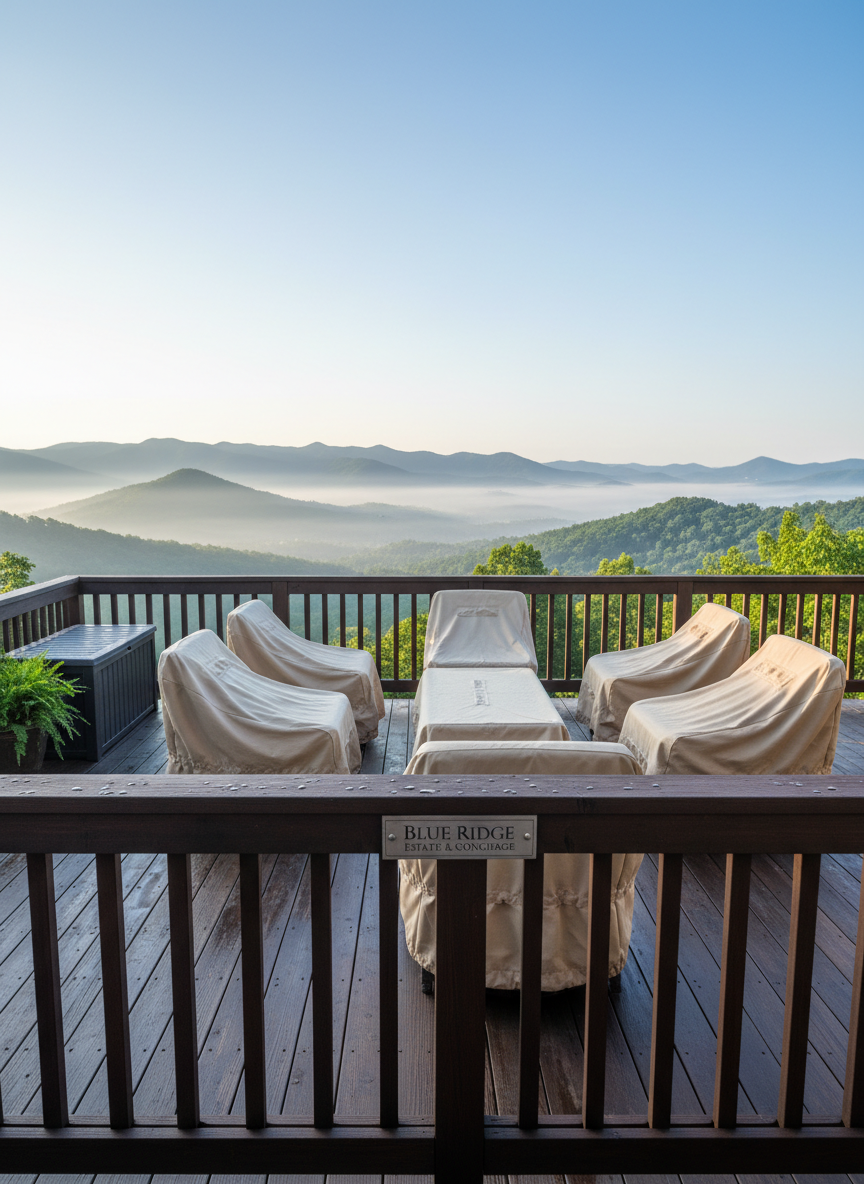 A panoramic, high-resolution photographic view from the deck of an upscale Asheville mountain home, with a sturdy wooden railing in the foreground and meticulously arranged outdoor furniture pushed in and covered, showing it has been carefully secured. A closed, weatherproof storage box sits near the corner, subtly suggesting concierge preparation for an absent homeowner. Early morning Blue Ridge mist drifts through layered green hills under soft, cool light, creating a calm, peaceful atmosphere. Shot with a wide-angle lens, the deck details remain sharp while the mountain landscape gradually softens into the distance, symbolizing the combination of local expertise, environmental awareness, and attentive home care that defines Blue Ridge Estate & Concierge.