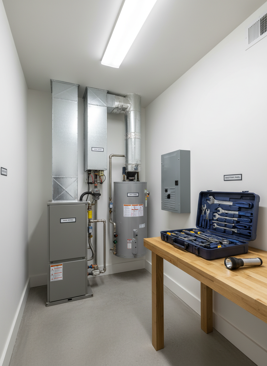 A tidy, well-lit mechanical room in a mountain home, showcasing a modern HVAC unit, water heater, and electrical panel, all clearly labeled and in good repair. A sturdy, dark blue tool case sits open on a nearby workbench beside a digital moisture meter and flashlight, implying a professional home watch inspection without showing any person. Overhead LED lighting provides even, bright illumination, creating crisp highlights on metal surfaces and clean, defined shadows along the walls. Shot from a slightly elevated angle in photographic realism, the composition focuses on orderliness and maintenance, symbolizing behind-the-scenes care, vigilance, and preventive attention that keeps Blue Ridge vacation properties safe and functioning smoothly.