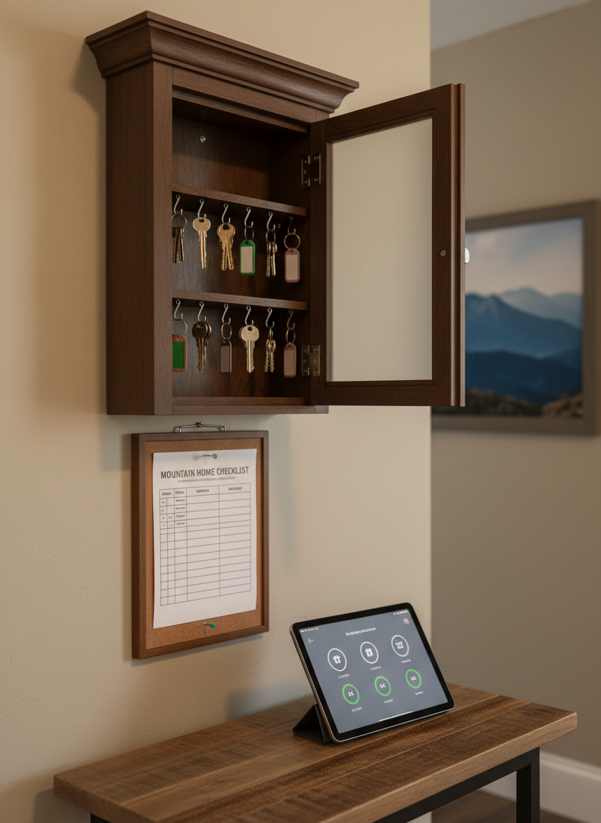 A well-organized home management station inside a mountain residence: a sturdy wall-mounted key cabinet slightly ajar displaying neatly hung, tagged key sets; a laminated property checklist on a small corkboard; and a tablet on a console table showing a generic home status dashboard, all unbranded. The setting is a hallway with warm neutral walls and a glimpse of a framed photograph of the Blue Ridge Mountains in the background. Soft, diffused overcast light from a nearby window casts gentle, even illumination, avoiding harsh shadows. Captured in photographic realism at a slight three-quarter angle, the image emphasizes structure, reliability, and professionalism, visually communicating how home watch and concierge services keep every detail organized, secure, and under control.
