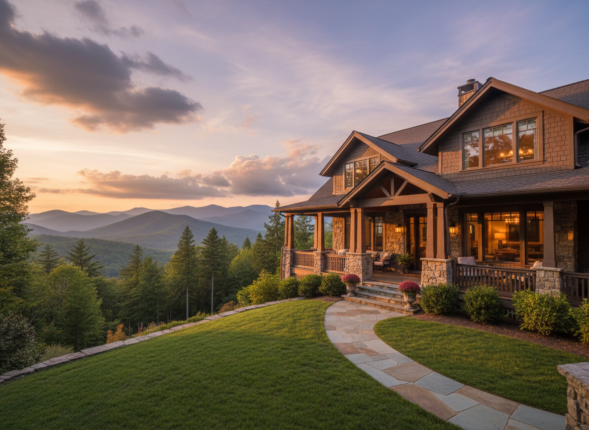 A stunning upscale mountain home in Asheville, NC at golden hour with Blue Ridge Mountains in the background